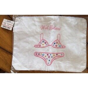 NOS LILY JULIET Zippered Wet Bikini Embroidered 100% Cotton Travel Bag NWT White